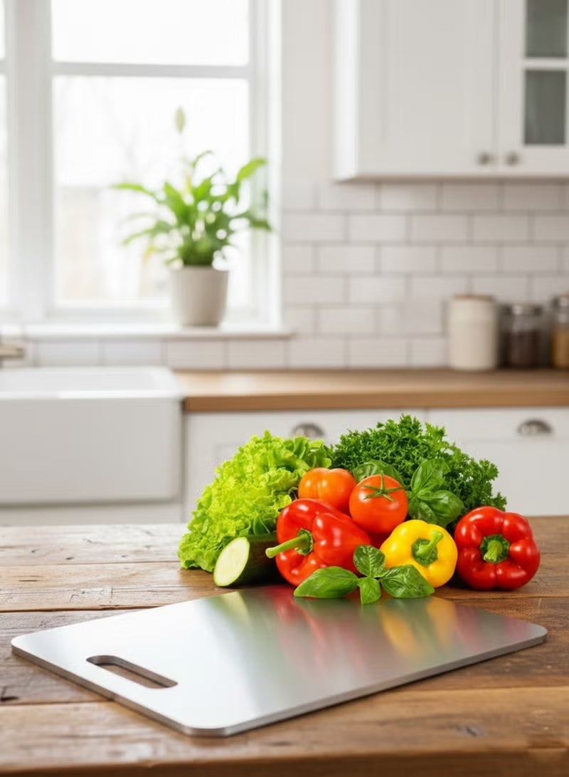 لوح تقطيع كبير، لوح تقطيع معدني مزدوج الجوانب من الفولاذ المقاوم للصدأ 304 عالي الجودة، لوح تقطيع مطبخ سميك شديد التحمل مانع للانزلاق مع مقبض للحوم والخضروات والفواكه والجبن والخبز والبيتزا والمعجنات والشواء والطبخ المنزلي - Image 2